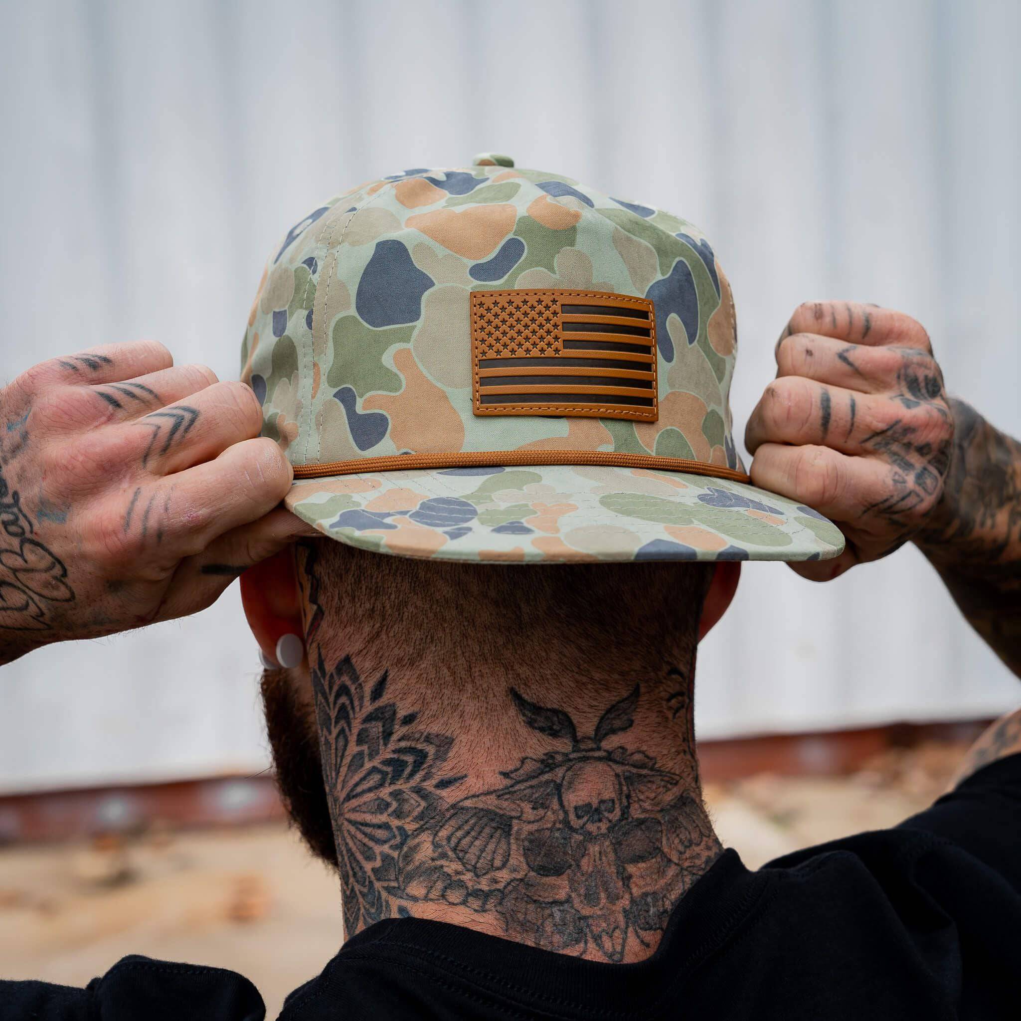 American Flag Leather Patch Crushable Rope Snapback Hat - Image 16